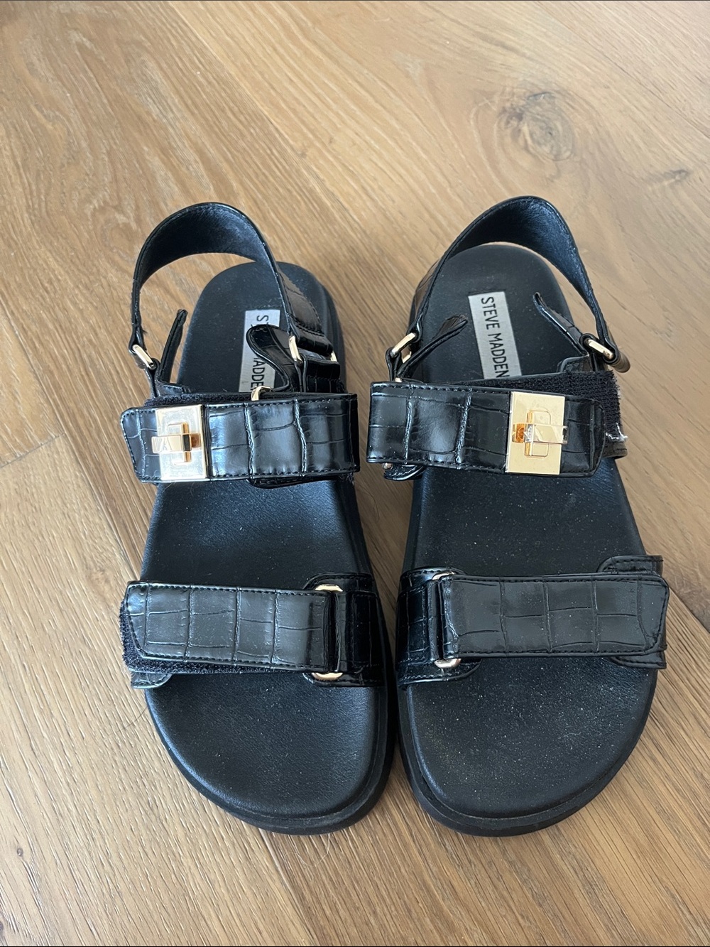 Steve Madden Black Croc-Embossed Sandals with Gold Buckle Accents